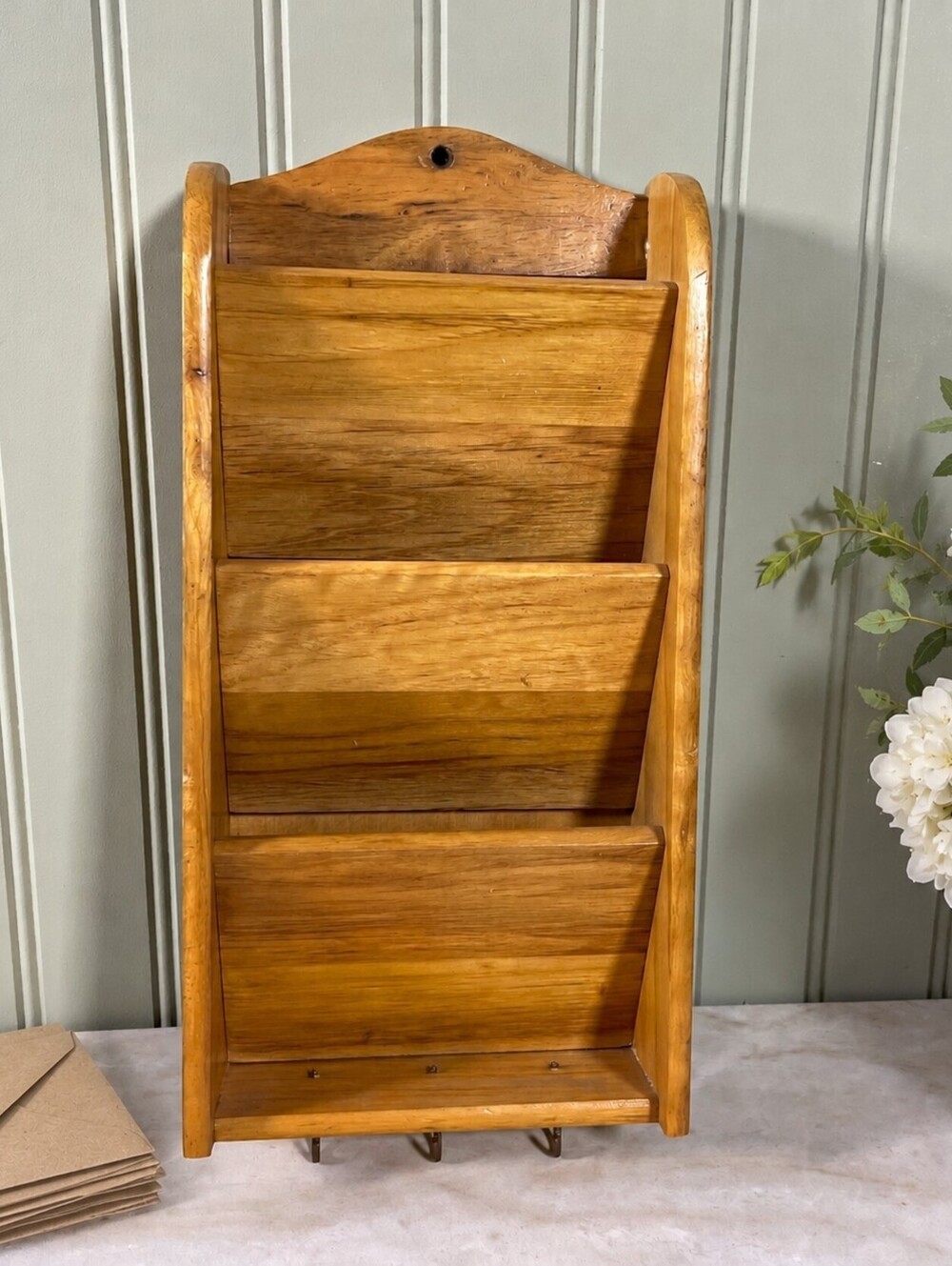 Vintage Oak Wood Mail Holder Wall Organizer Shelf with Key Hooks